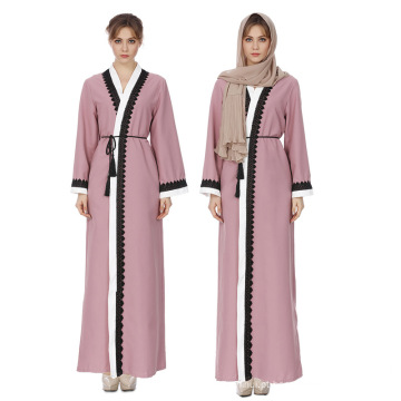 Moda rendas fluir vestido longo frente aberta abaya cor sólida dubai abaya dress